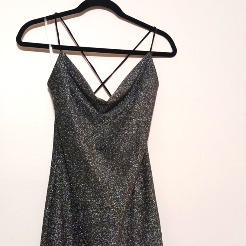 Fashion Nova Black Silver Spaghetti Straps S/M High Low Dress Criss-cross Straps